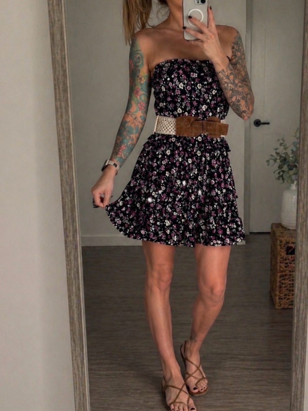 Edge Floral Mini Dress Black Pink Ruffle Tiered Belted Size M